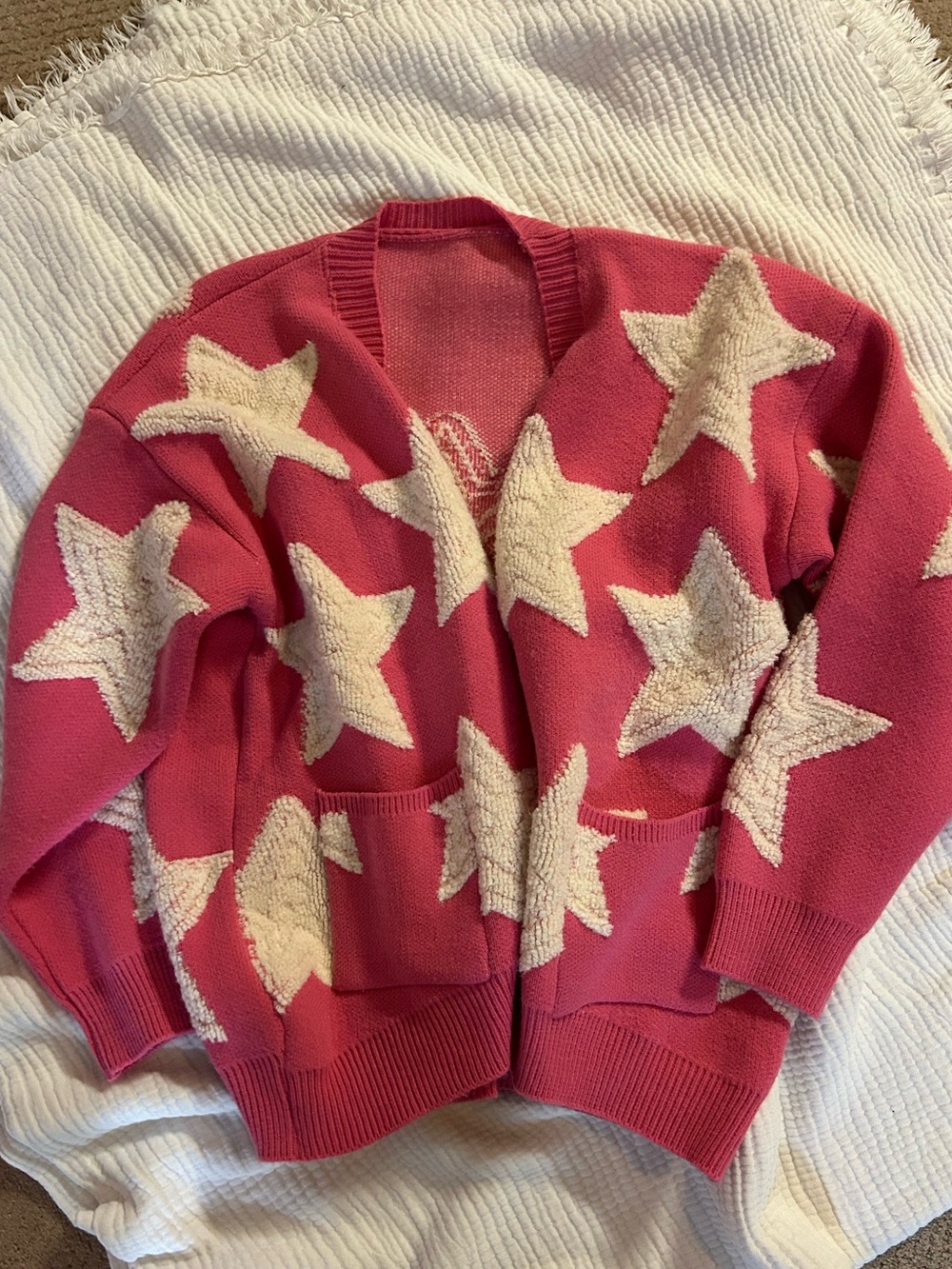 Pink Star-Pattern Open-Front Cardigan Sweater